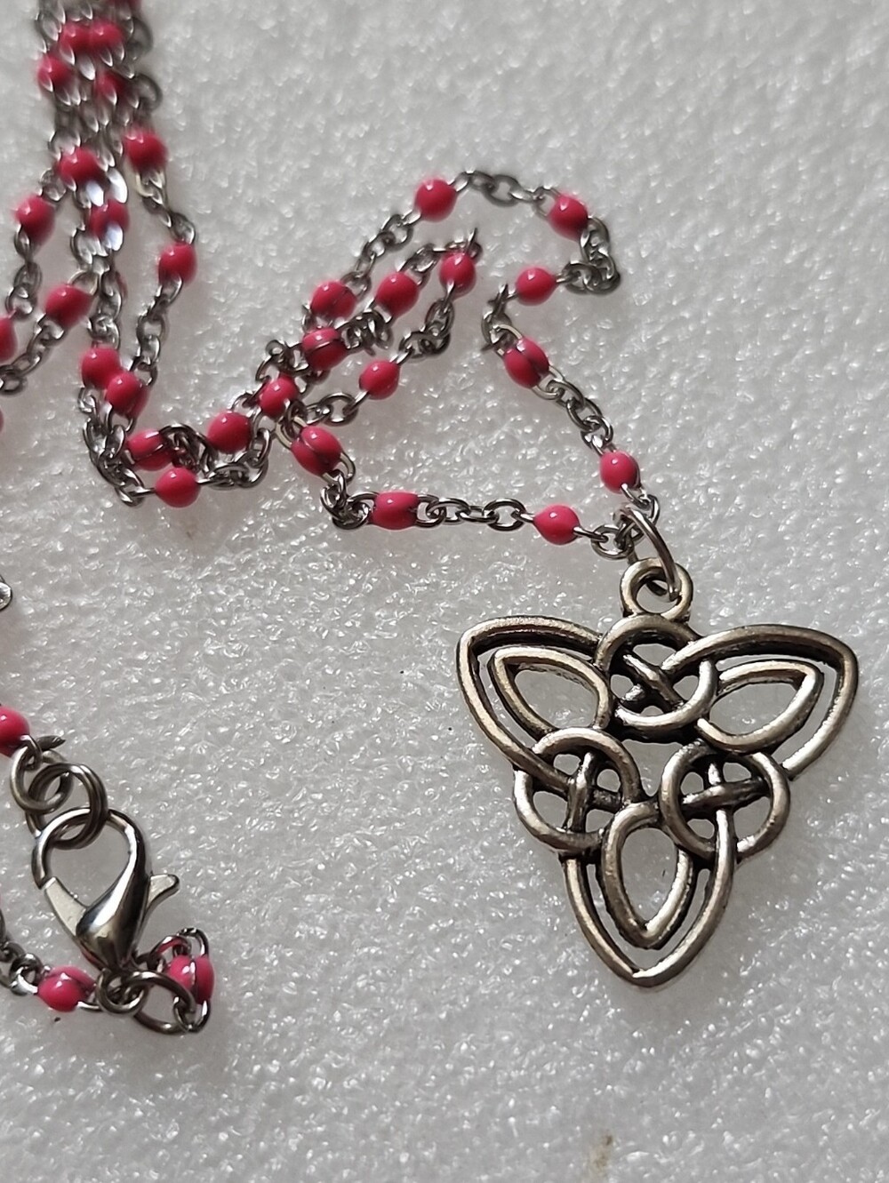 Hand Crafted Silver Celtic Knot Pendant with Pink Beaded Chain